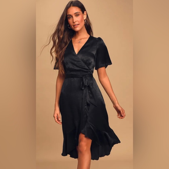 Lulu’s Wrapped Up In Love Black Satin Faux-Wrap Midi Dress - Picture 1 of 4